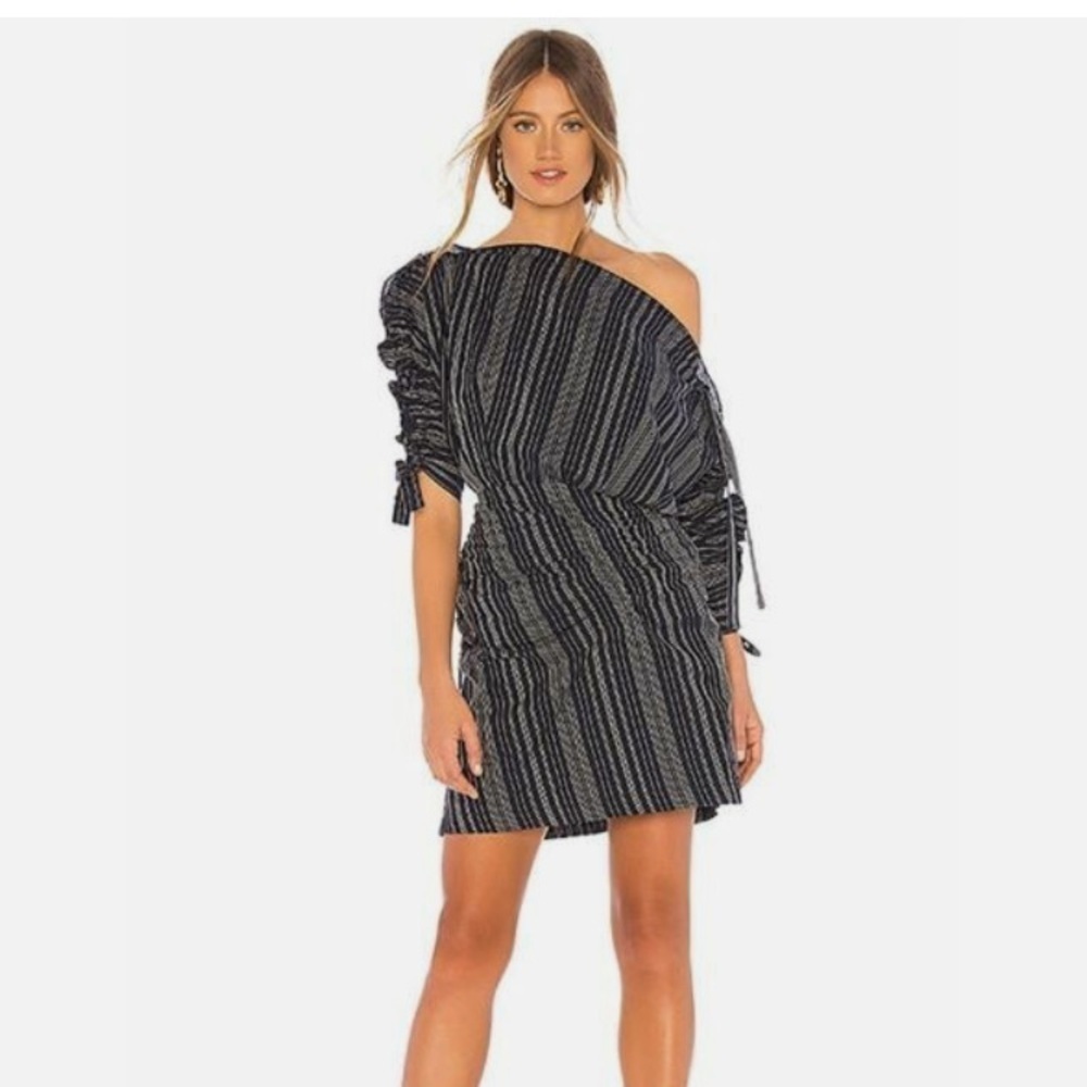 Tanya Taylor Black and Gray Striped One-Shoulder Mini Dress
